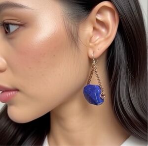 Sterling Silver Lapis Lazuli Dangle Earrings Copper Tone Chain Blue Gemstone New